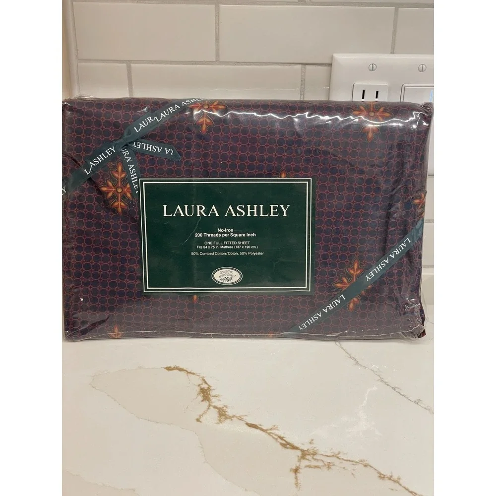 Vintage Laura Ashley Hamilton Full/Double‎ Sheets Fitted Flat Navy Burgundy New